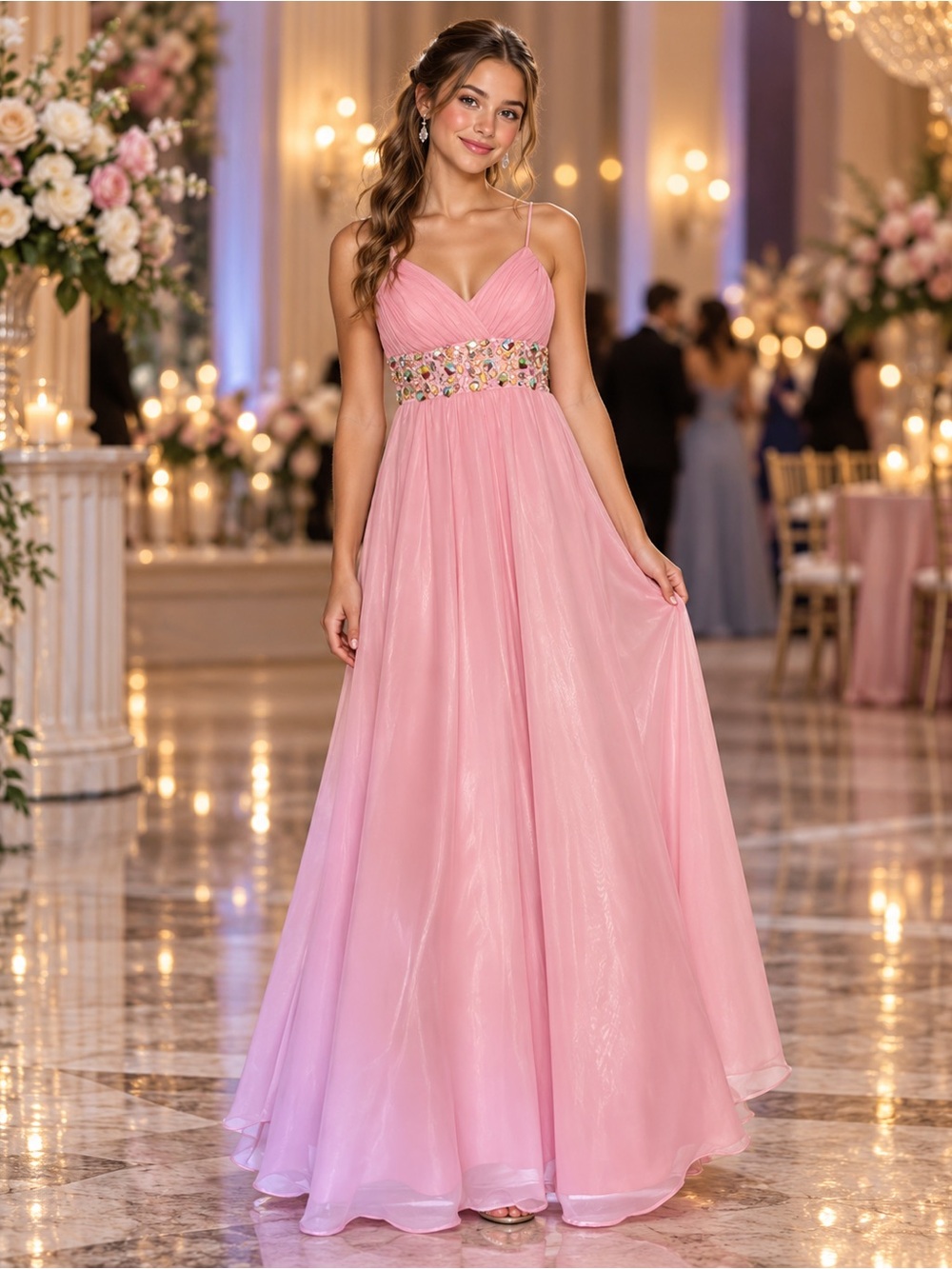 Masquerade Size 7/8 Pink Jeweled Chiffon Formal Prom Maxi Gown